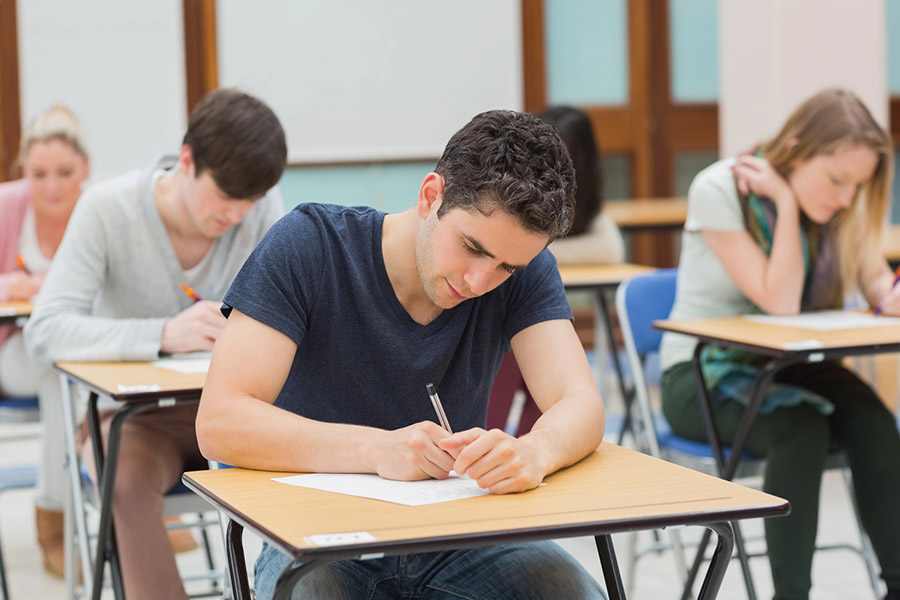 Students taking a test in a classroom in San Francisco